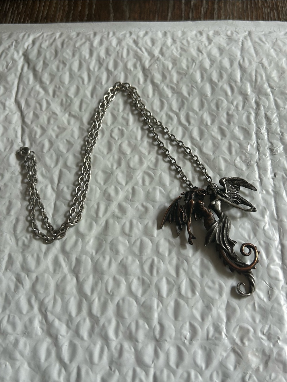 ANGEL & DRAGON DUAL PENDANT 2.5” and 10.5” Necklace Two-Tone Silver & Bronze - Picture 14 of 15
